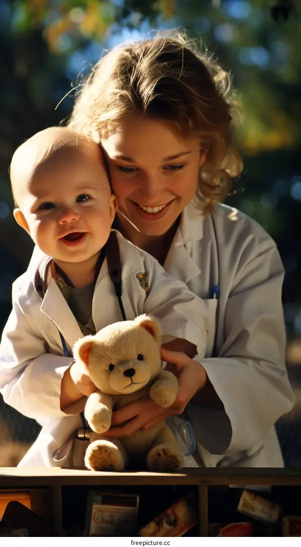 Young smiling female doctor with baby and teddy bear