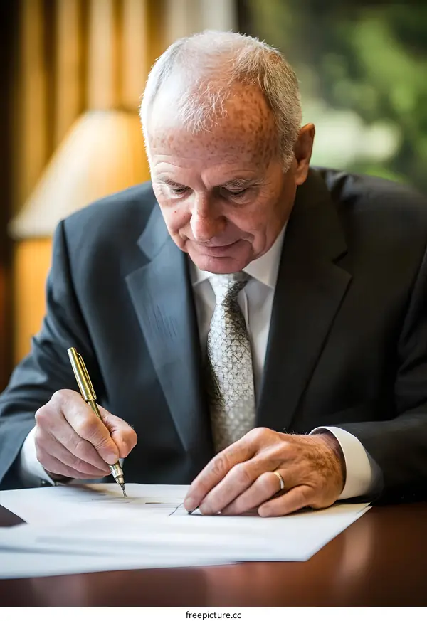 Senior Businessman Signing Document at Desk