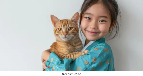 Little Asian girl hugging an orange cat