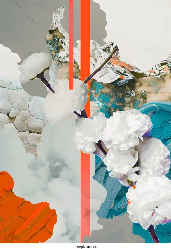 Abstract Floral Collage with Orange and Blue Paint