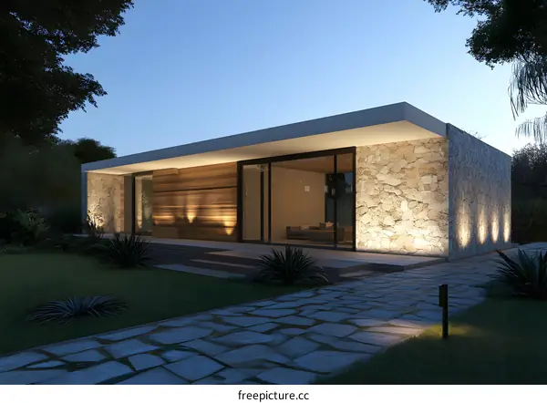 Modern Stone and Wood House Exterior with Landscaping