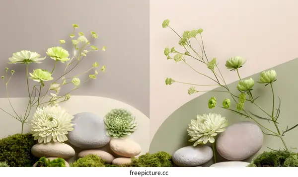 Minimalist Floral Arrangement with Stones and Moss on a Green and Beige Background