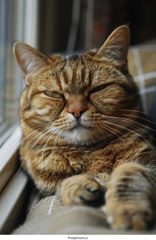 A ginger cat is lying on a sofa and looking out the window