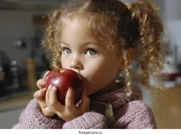 Little Girl Eating a Red Apple Close Up