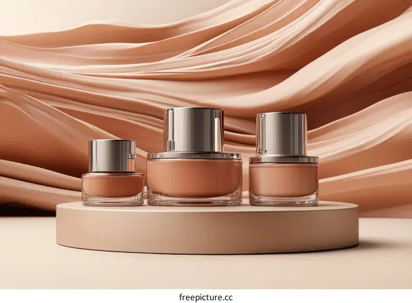 Cosmetic Bottles Display on Beige Fabric Background