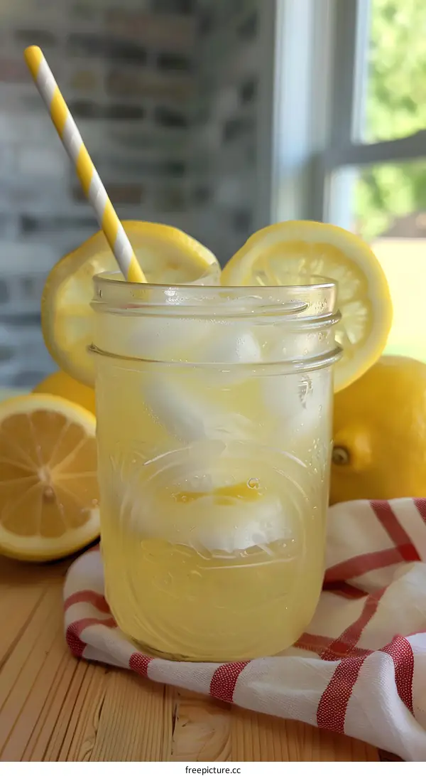 Lemonade in Mason Jar with Straw and Lemon Slices