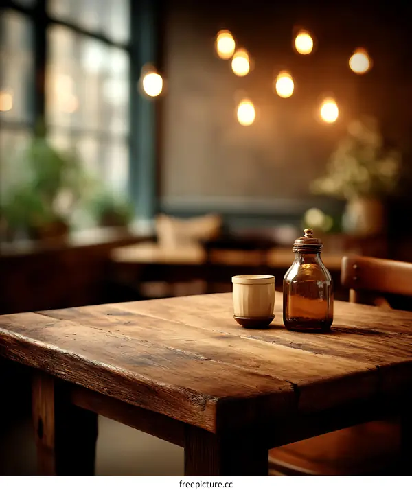 Rustic Wooden Table in a Cafe Setting