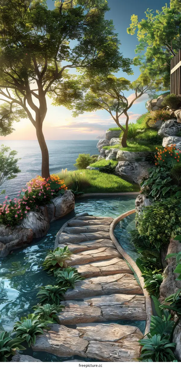 Tropical Garden Paradise with Azure Sky and Sea