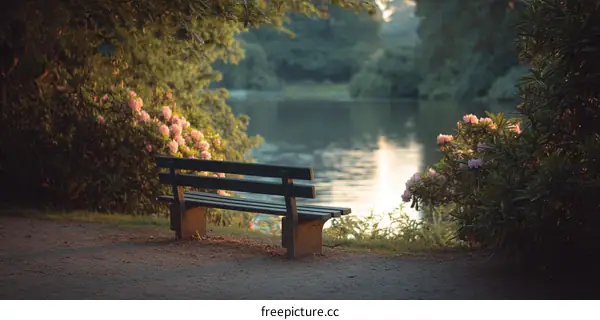 Park Bench by the Lake at Sunrise