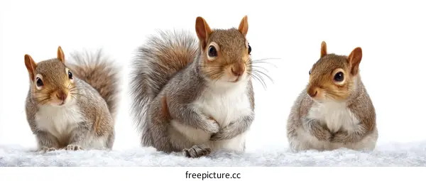 Three Grey Squirrels on a White Background