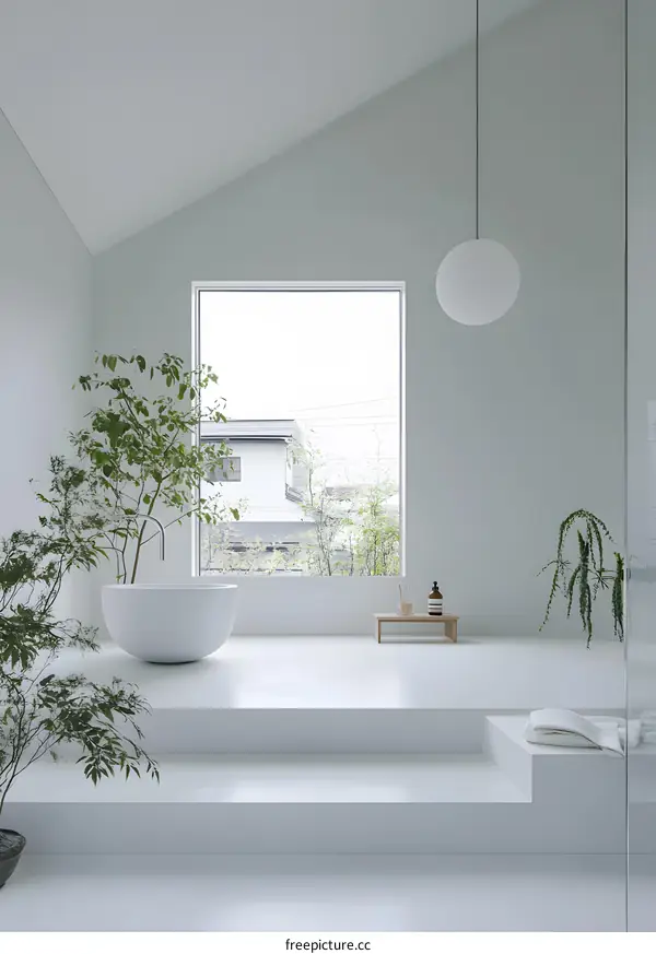 Minimalist Bathroom Design with White Tub and Plants
