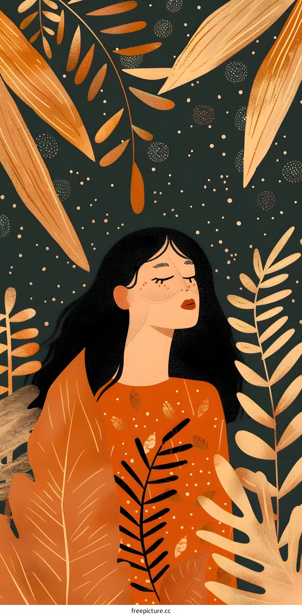 Woman with Long Hair Surrounded by Foliage in Orange and Gold Tones