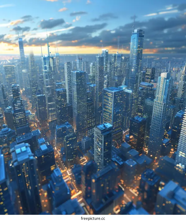 Futuristic cityscape with skyscrapers illuminated at night