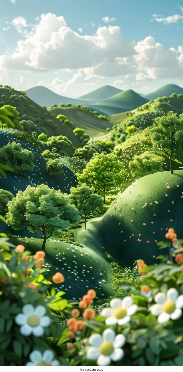 Serene Green Landscape of Rolling Hills and Mountains