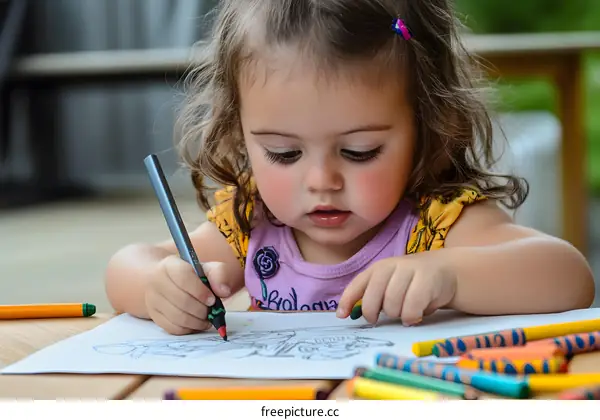Little Girl Drawing With Colored Pencils