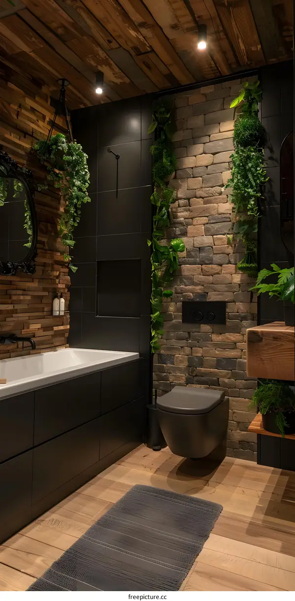 Bathroom With Stone Walls And Plants