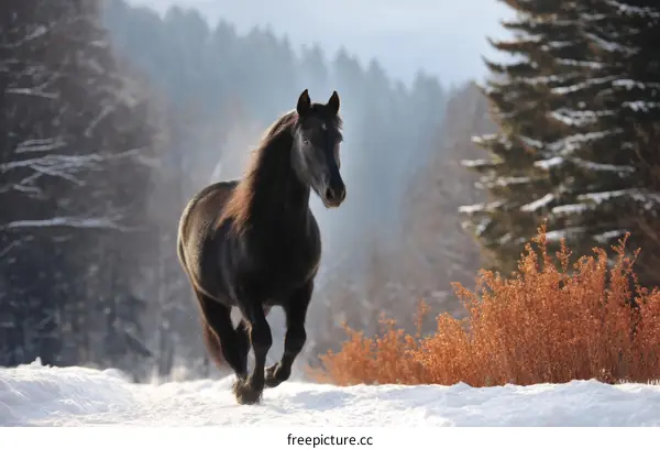 Majestic Black Horse in Snowy Forest Landscape