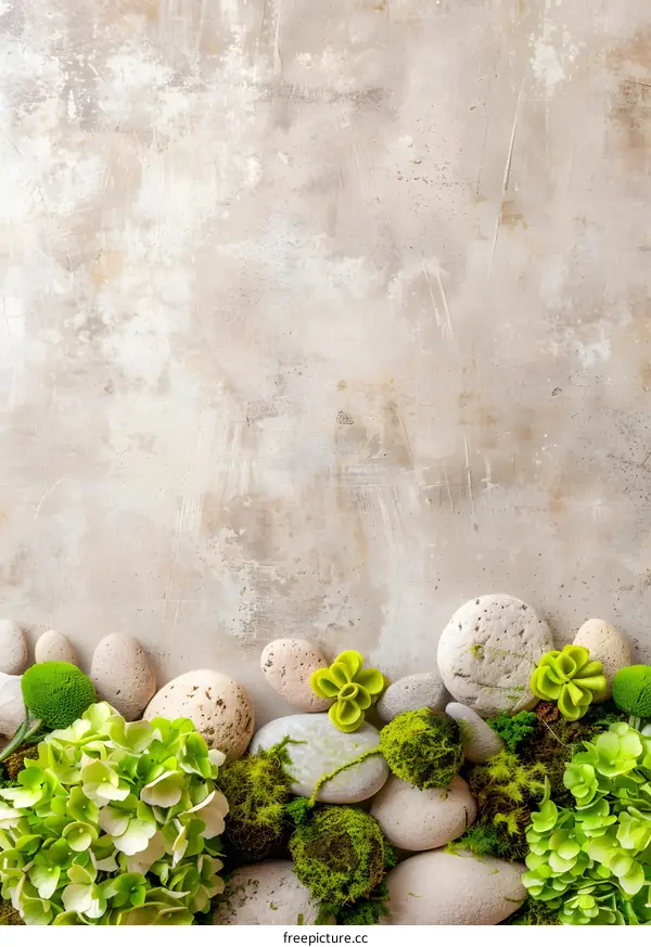 Stone and Green Plant Arrangement On Rustic Background