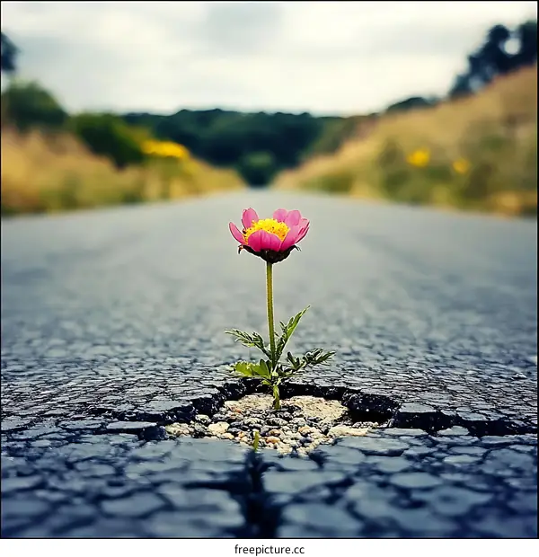 Resilient Flower Growing Through Crack in Road