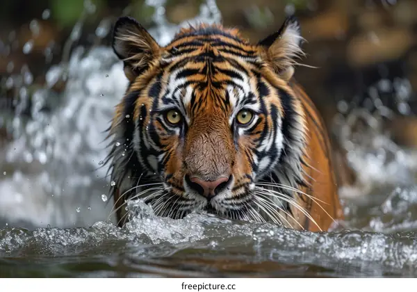 Tiger Emerging from Water with Intense Stare