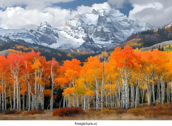colorful autumn trees and snowcapped mountain