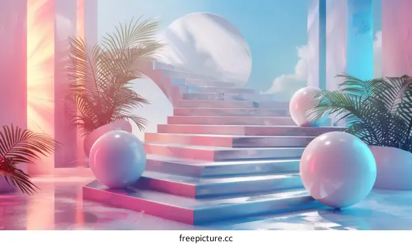 Surreal Geometric Landscape with Stairs and Sphere