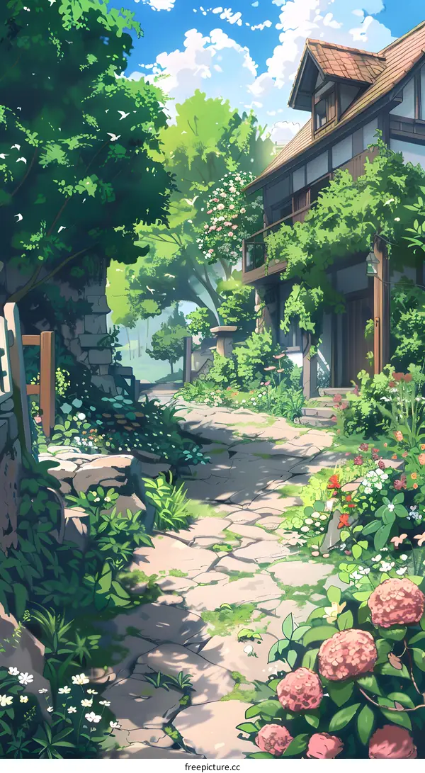 Stone Path Leading Through a Lush Green Garden with a House in the Background