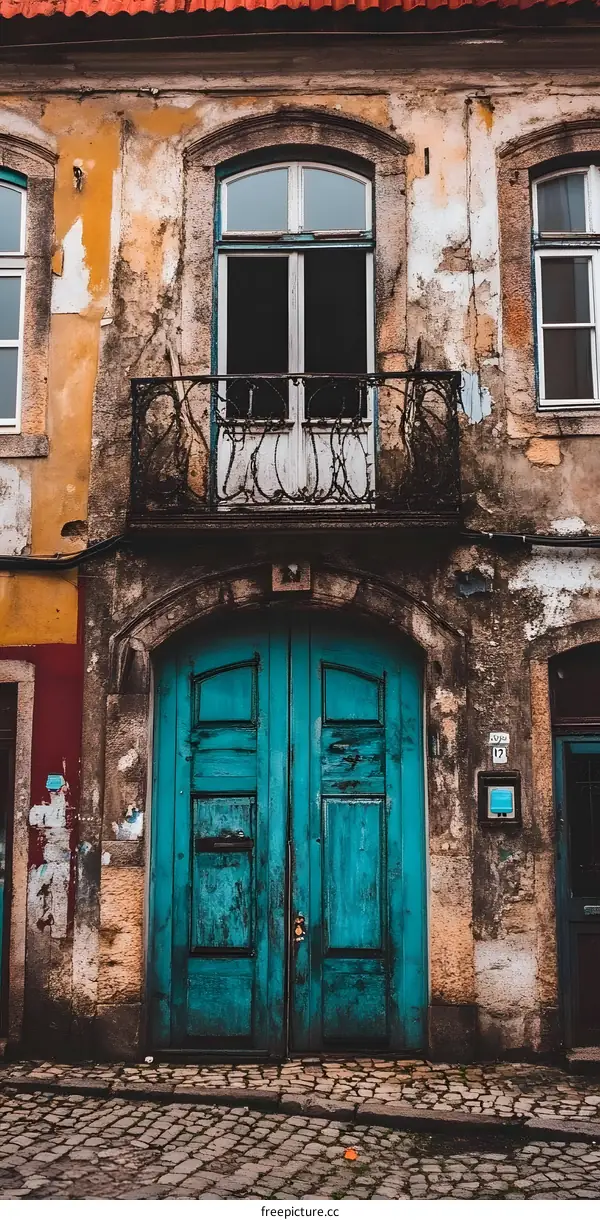 Old Building with Blue Door and Balcony