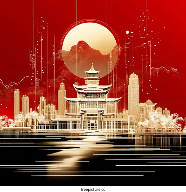 Digital Art Chinese Architecture Illustration
