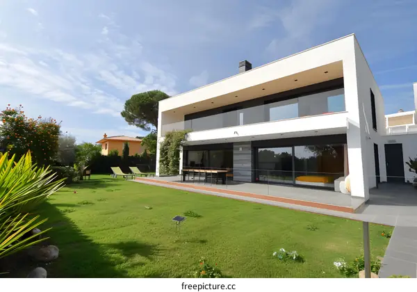 Modern White House with Large Glass Windows and Backyard