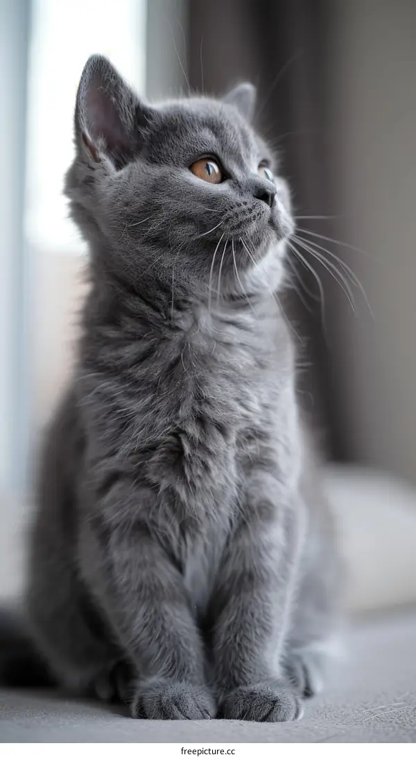A cute gray kitten is sitting on the sofa and looking up