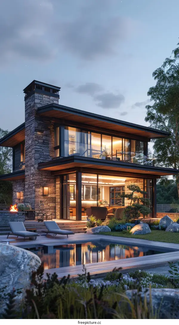 Modern House Exterior Design With Pool And Stone
