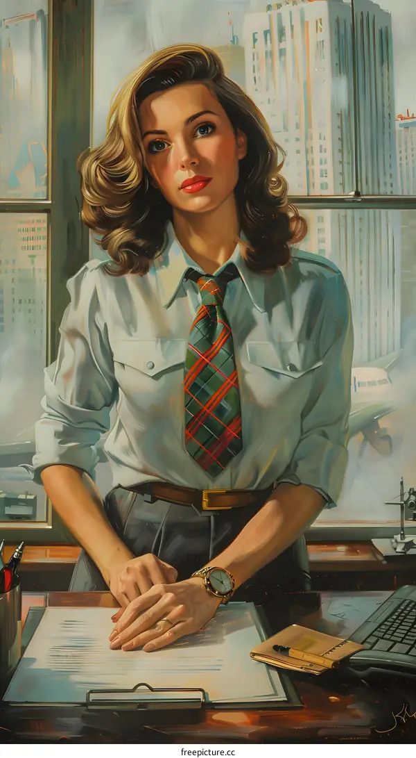 portrait of a woman in a blue shirt and red tie