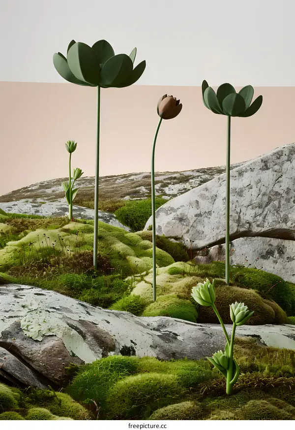 Green Flowers Growing From Moss Covered Rocks