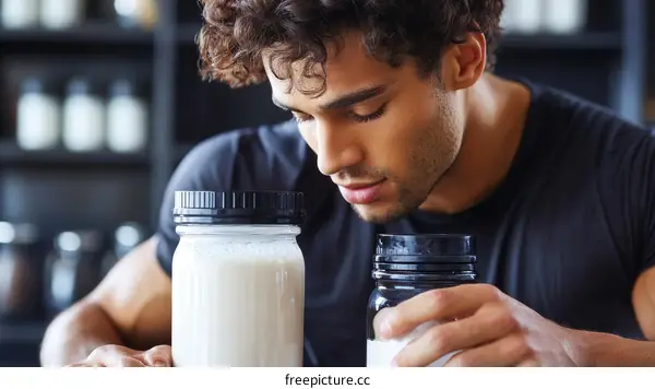 Man Tasting Protein Smoothie in the Kitchen