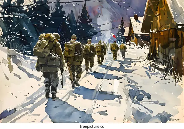 Soldiers Marching Through Snowy Village