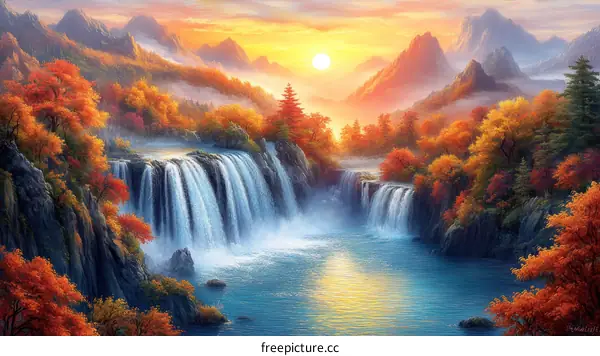 Autumn Waterfall Scenic Landscape Painting