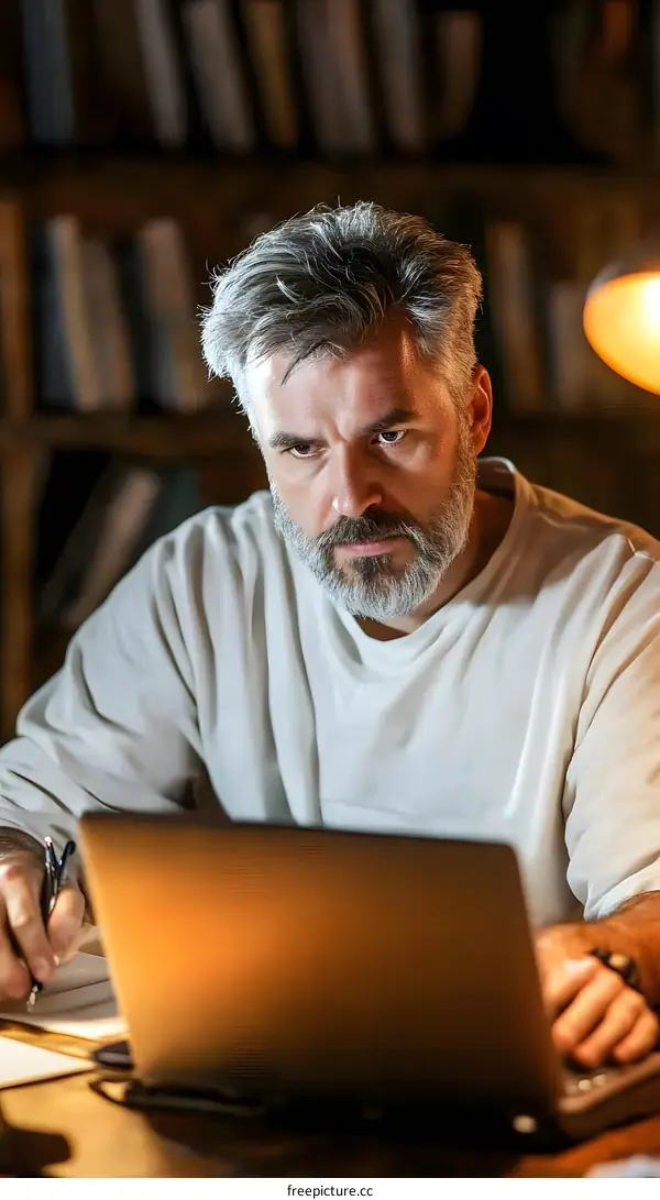 Serious Man Working on Laptop at Home Office