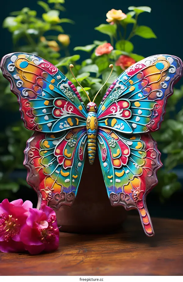 A vibrant and colorful metal butterfly wall art