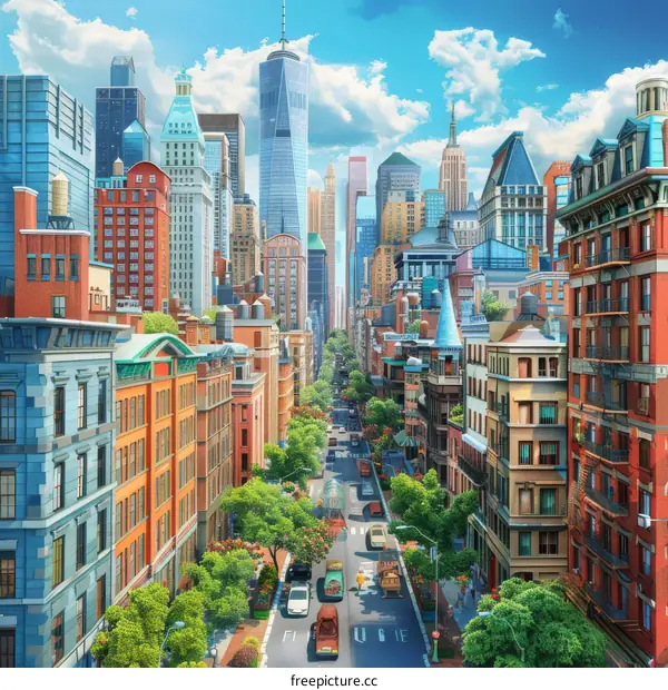 A lively and dynamic city street with tall buildings on both sides and plenty of traffic