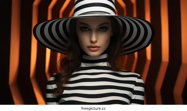 portrait of a young woman wearing a large black and white striped hat
