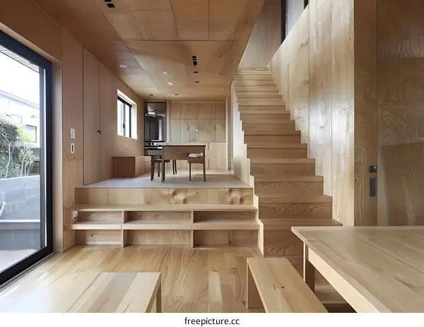 Modern Wooden House Interior with Stairs and a Table