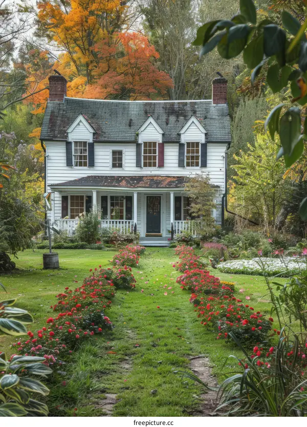Small Wooden Cottage House in Autumn Forest with Flower Garden
