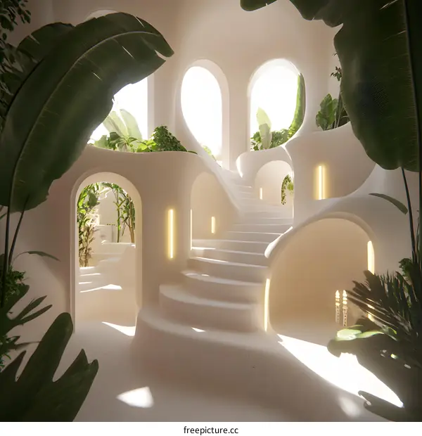 White Minimalist Architecture Stairway With Plants