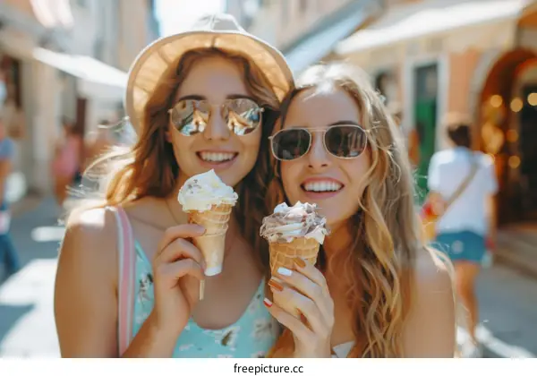 Two happy young women eating ice cream in the city