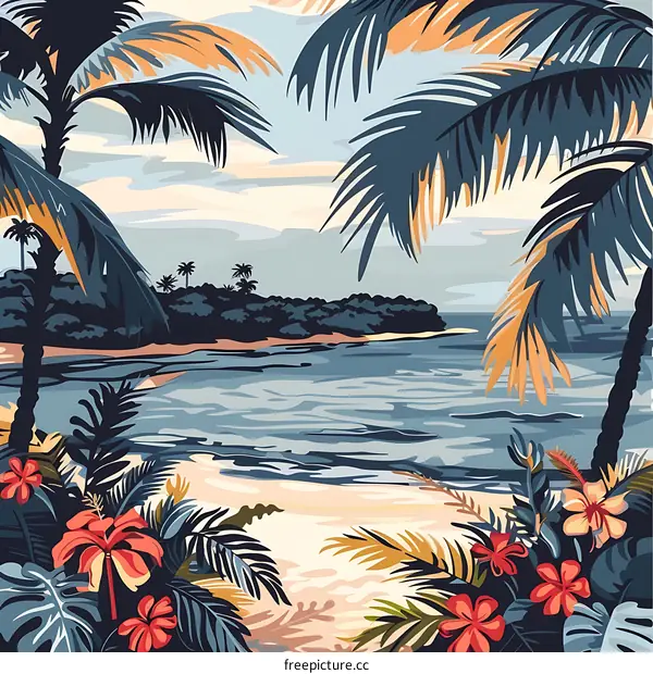 Tropical Beach Landscape Illustration with Palm Trees
