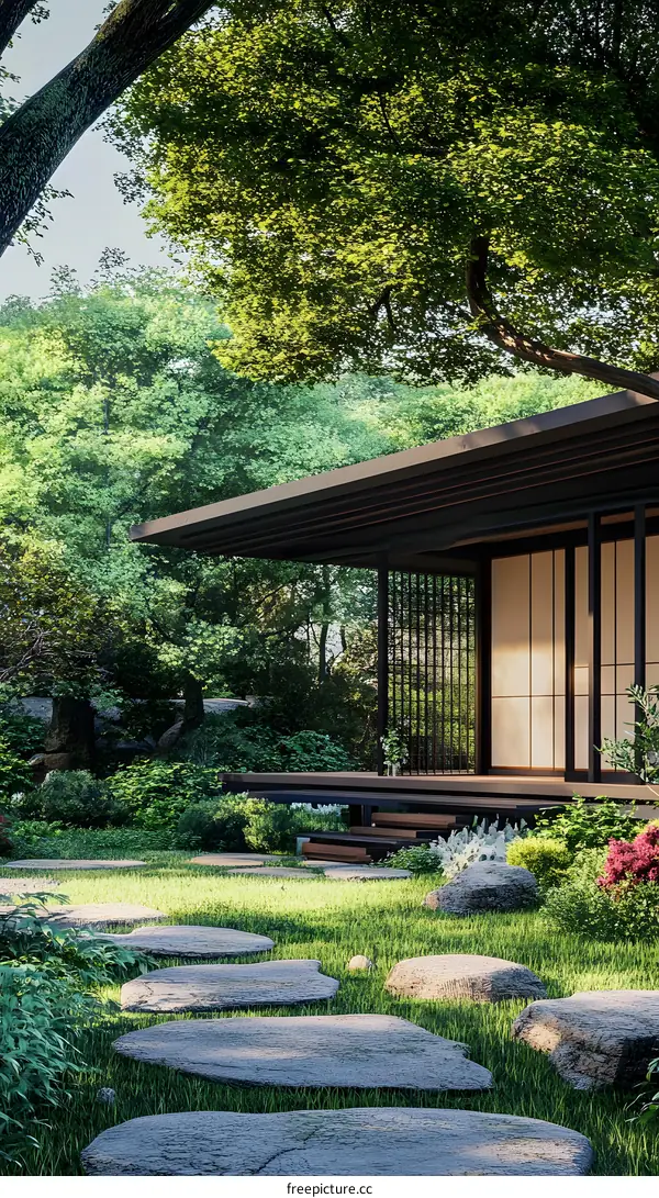 Modern Japanese Zen Garden with Stone Pathway and Wooden House