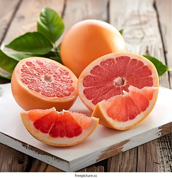 Fresh Ripe Grapefruit Slices on White Cutting Board