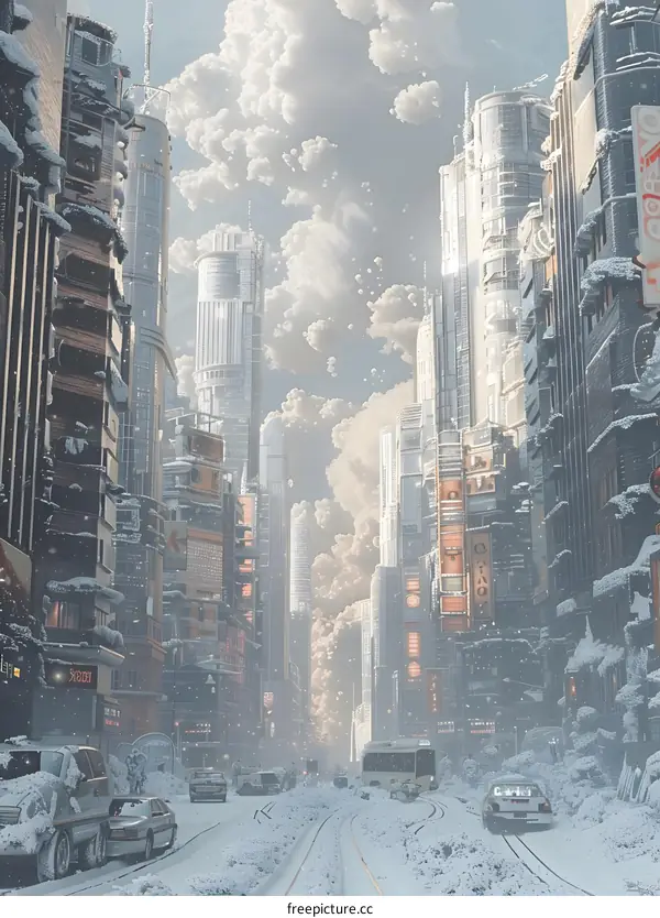 Futuristic City Street Covered in Snow
