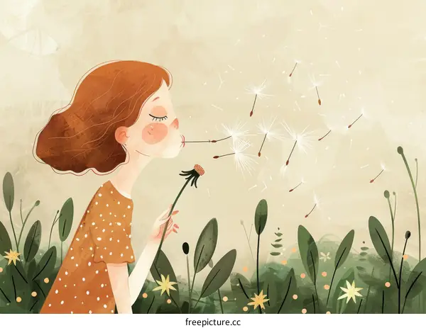 Little girl blowing dandelion seeds in a field